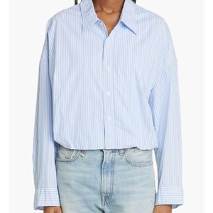R13 gathered hem button-up shirt in blue stripe size large EUC oversized fit